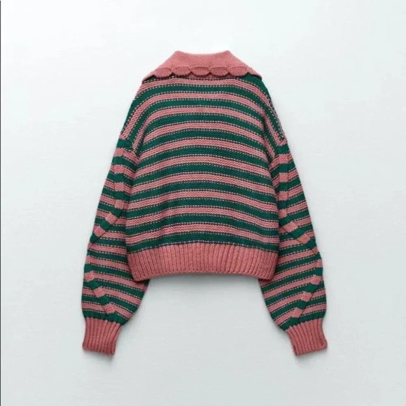 Zara Blogger Fave Striped Textured Knit Peter Pan Collared Sweater Pink & Teal M - Picture 4 of 10
